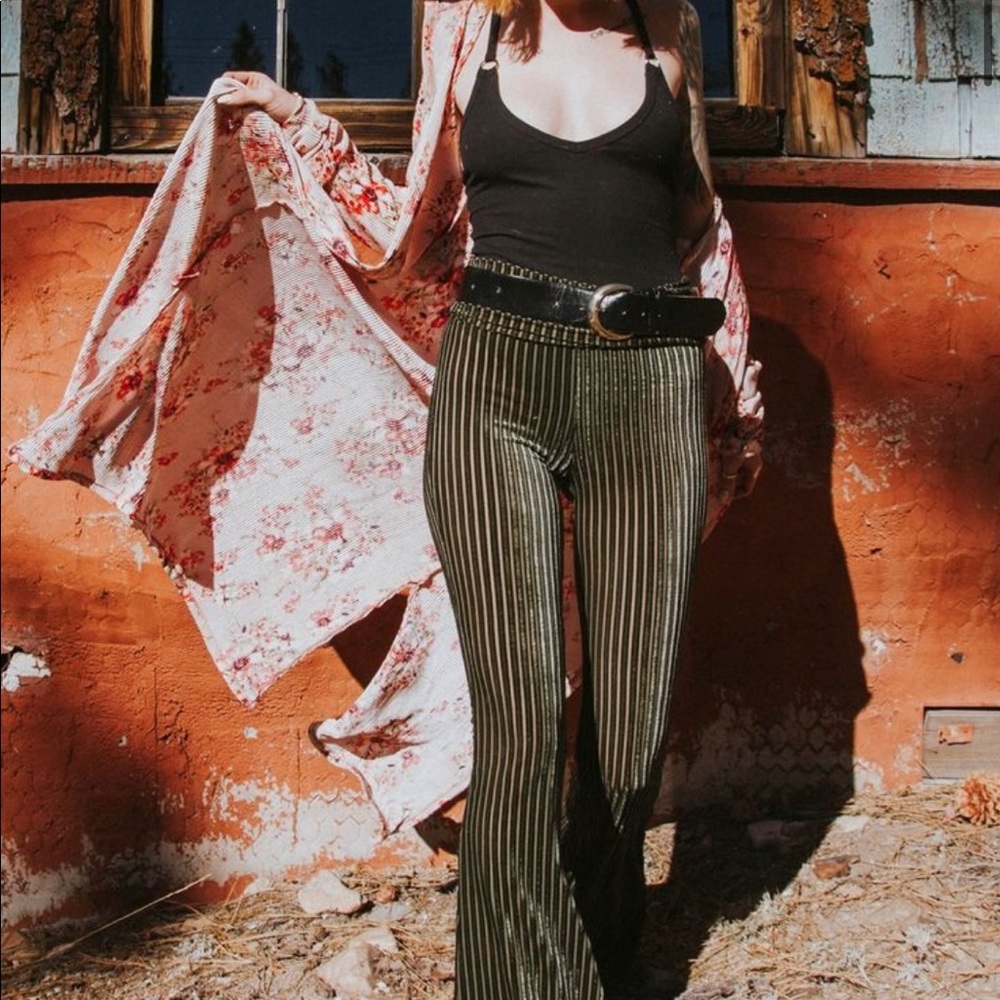 Life Clothing Co. Green Striped Flare Velvet Pant